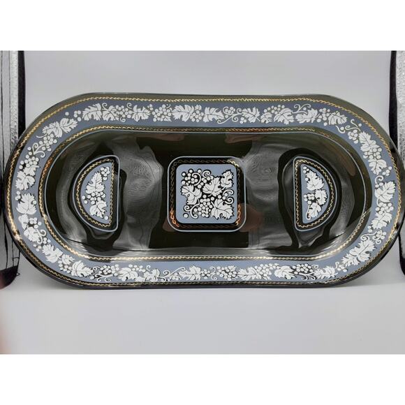 Unbranded Other - Smoky Glass Tray Plate With White & Gold Accent Console Dish Serving Platter